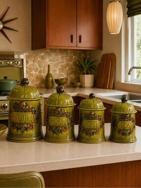 Vintage Los Angeles Pottery California USA in "Autumn Harvest" 4 pc Canister Set